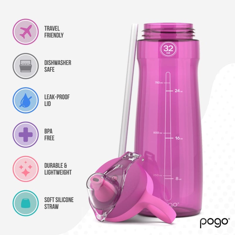 Pogo BPA-Free Tritan Plastic Water Bottle with Soft Straw, 32 Oz, Fuchsia - Image 3
